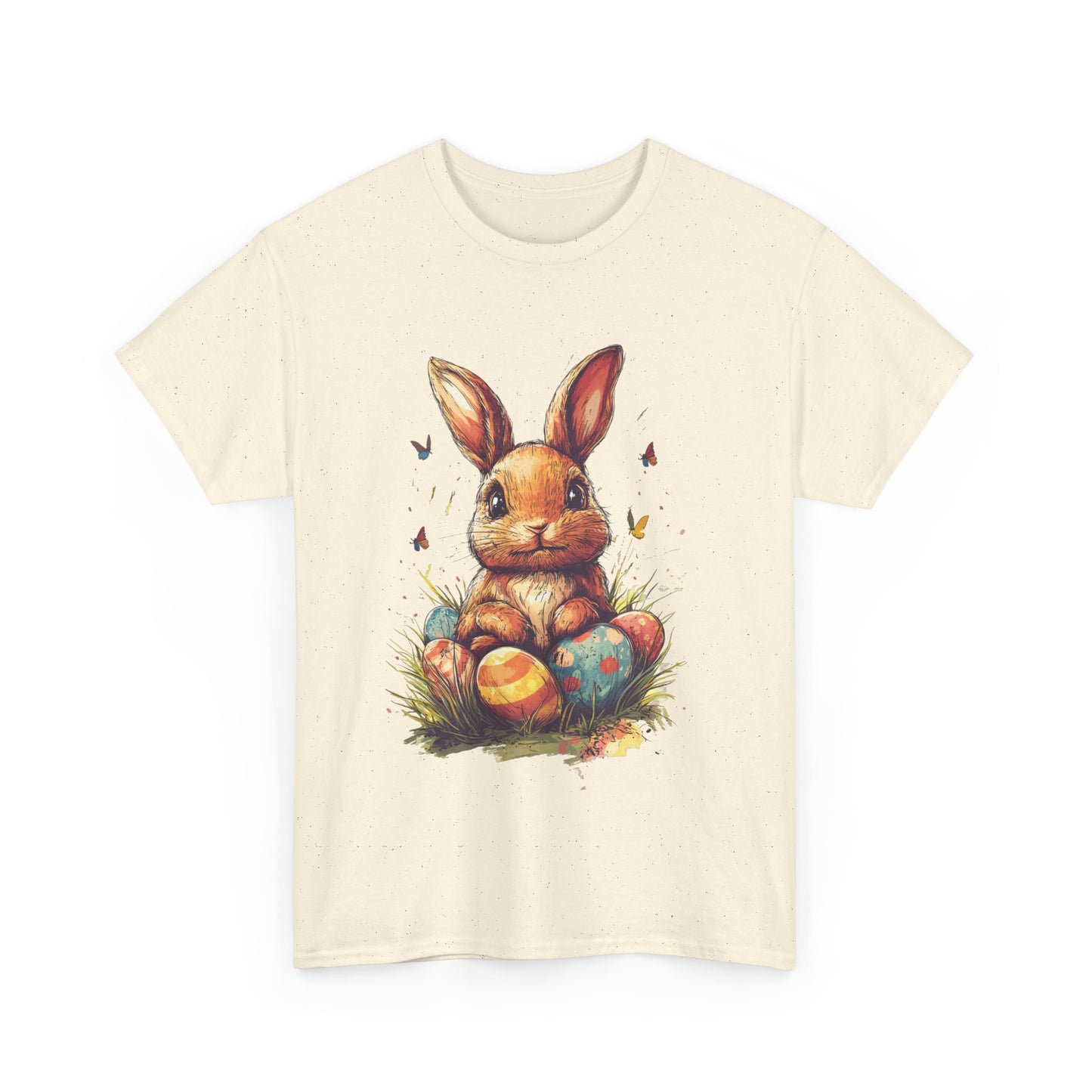 Playful Easter Bunny with Colorful Eggs Unisex Heavy Cotton Tee - Festive Spring Apparel - Tee Fusion Lab
