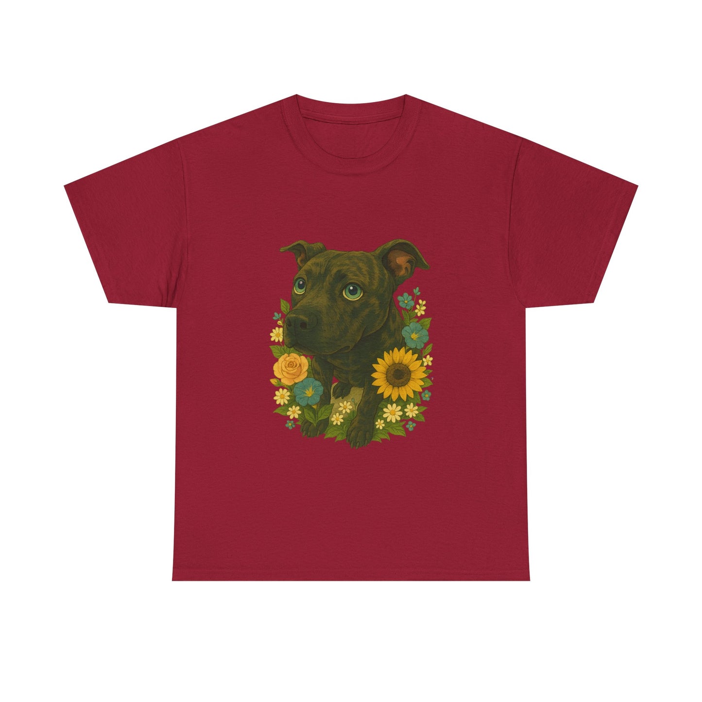 Bloom Pup – Floral Pitbull Portrait Tee Unisex Heavy Cotton Tee - Floral Dog Design