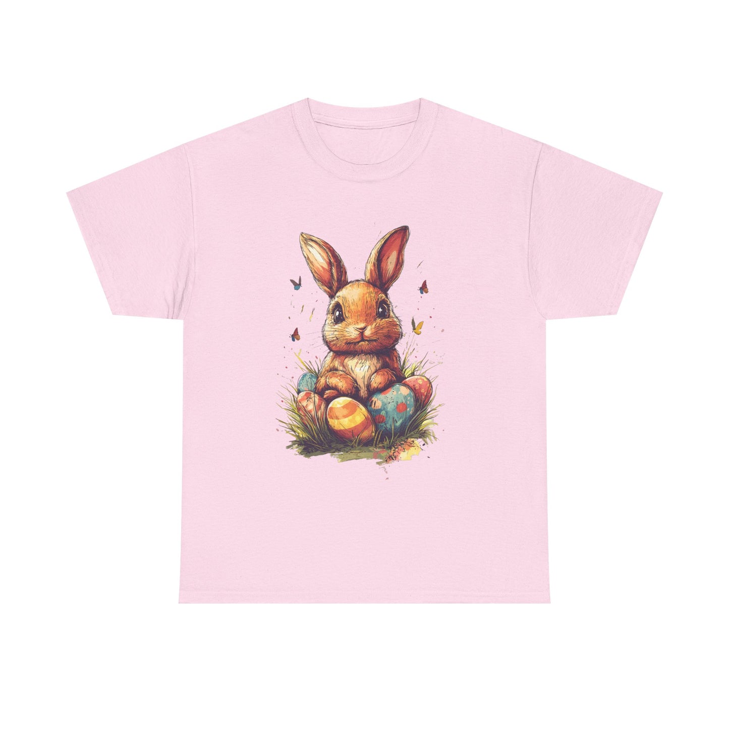 Playful Easter Bunny with Colorful Eggs Unisex Heavy Cotton Tee - Festive Spring Apparel - Tee Fusion Lab