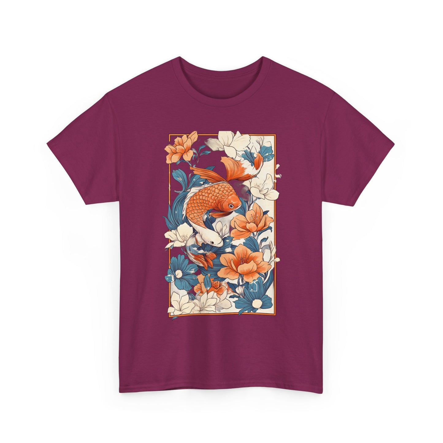 Koi Fish Floral Unisex Heavy Cotton Tee - Vibrant Nature-Inspired Graphic T-Shirt
