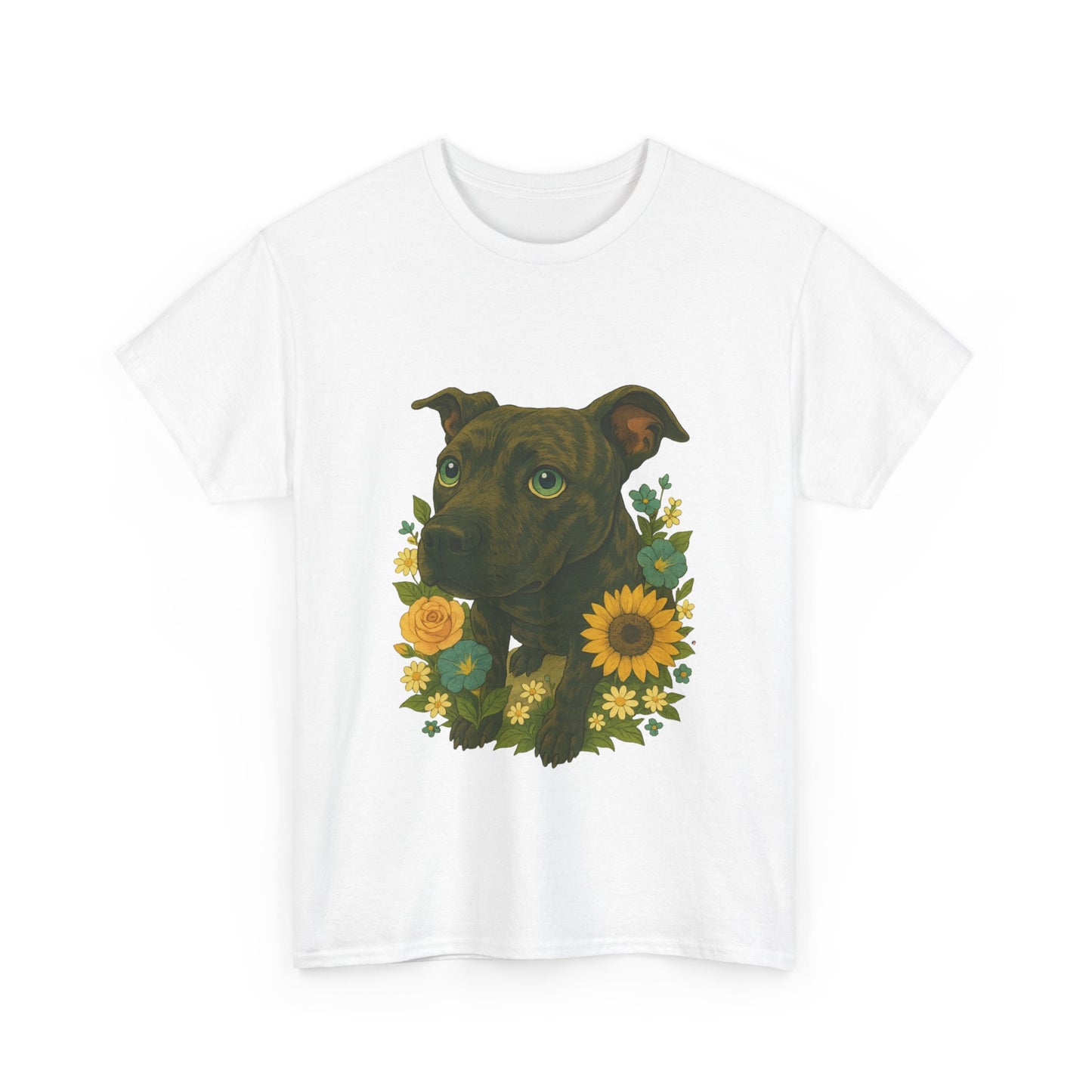 Bloom Pup – Floral Pitbull Portrait Tee Unisex Heavy Cotton Tee - Floral Dog Design