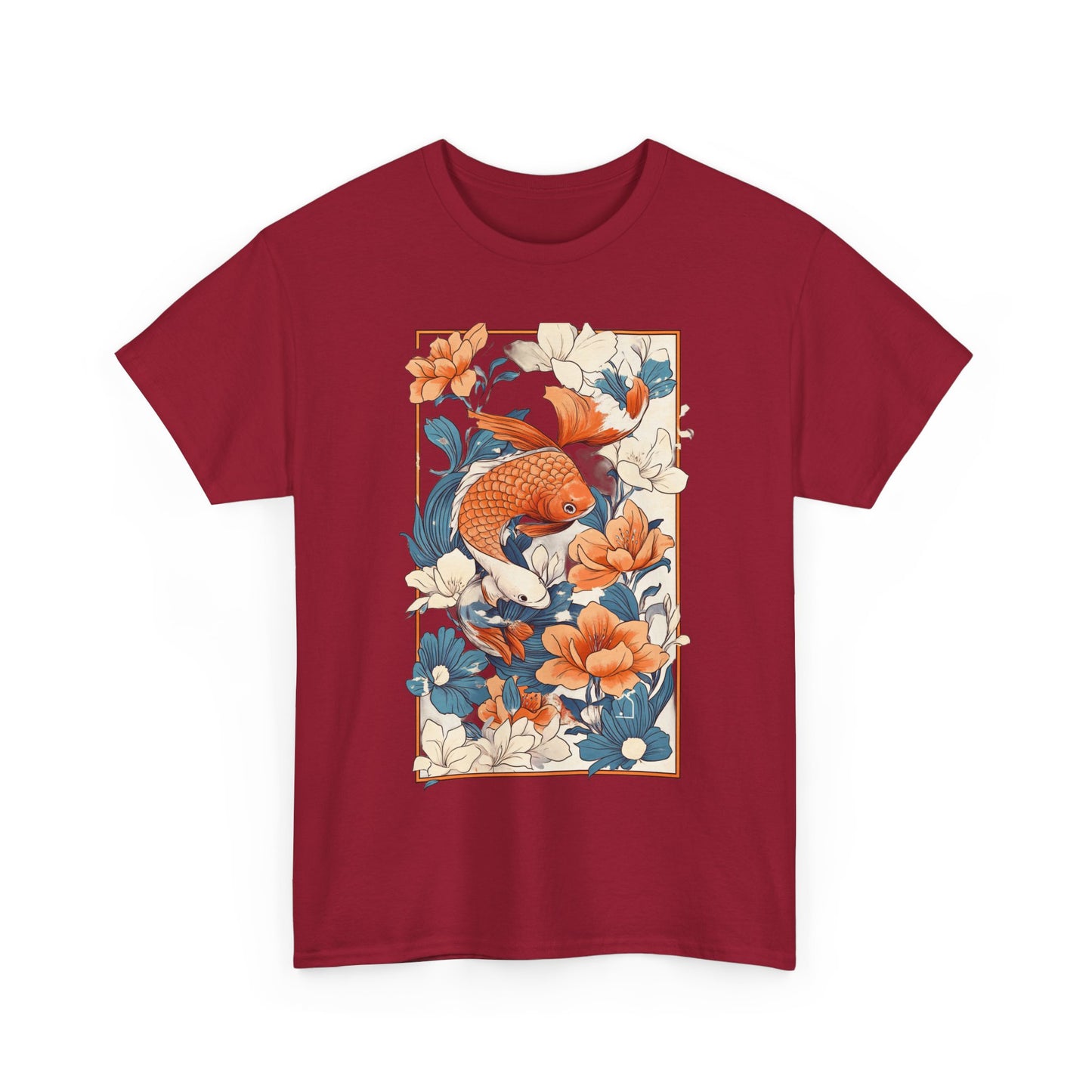 Koi Fish Floral Unisex Heavy Cotton Tee - Vibrant Nature-Inspired Graphic T-Shirt