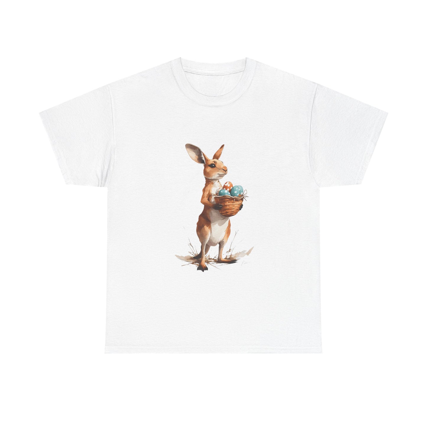 Easter Kangaroo with Basket of Eggs Unisex Heavy Cotton Tee - Cute Kangaroo with Eggs Design