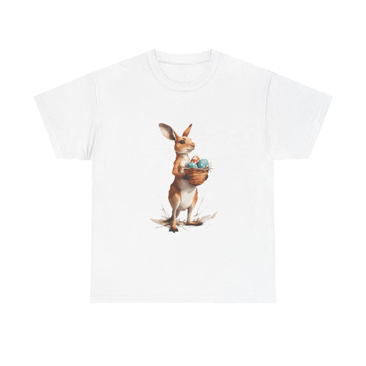 Easter Kangaroo with Basket of Eggs Unisex Heavy Cotton Tee - Cute Kangaroo with Eggs Design - Tee Fusion Lab