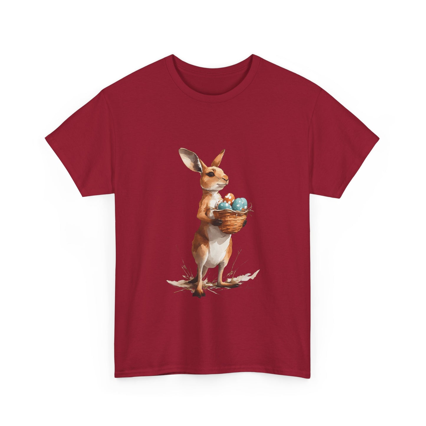 Easter Kangaroo with Basket of Eggs Unisex Heavy Cotton Tee - Cute Kangaroo with Eggs Design