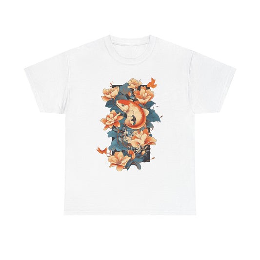 Floral Koi Unisex Heavy Cotton Tee - Vibrant Nature-Inspired Shirt for Casual Wear - Tee Fusion Lab