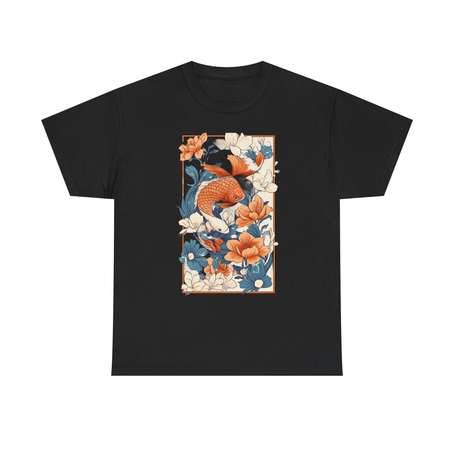 Koi Fish Floral Unisex Heavy Cotton Tee - Vibrant Nature-Inspired Graphic T-Shirt