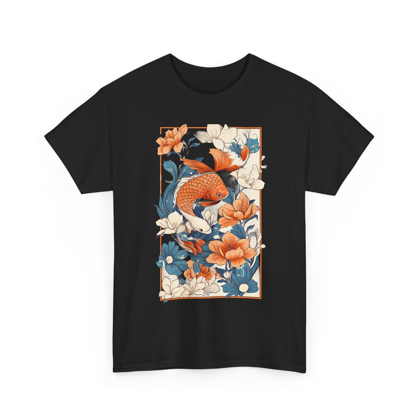 Koi Fish Floral Unisex Heavy Cotton Tee - Vibrant Nature-Inspired Graphic T-Shirt