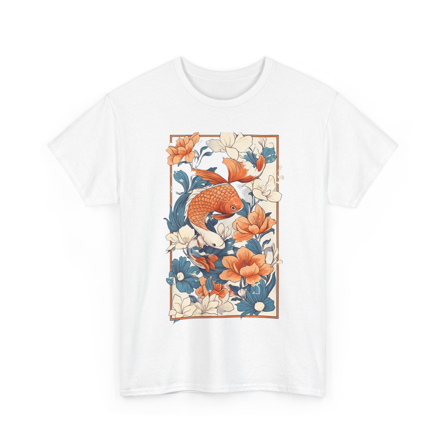 Koi Fish Floral Unisex Heavy Cotton Tee - Vibrant Nature-Inspired Graphic T-Shirt