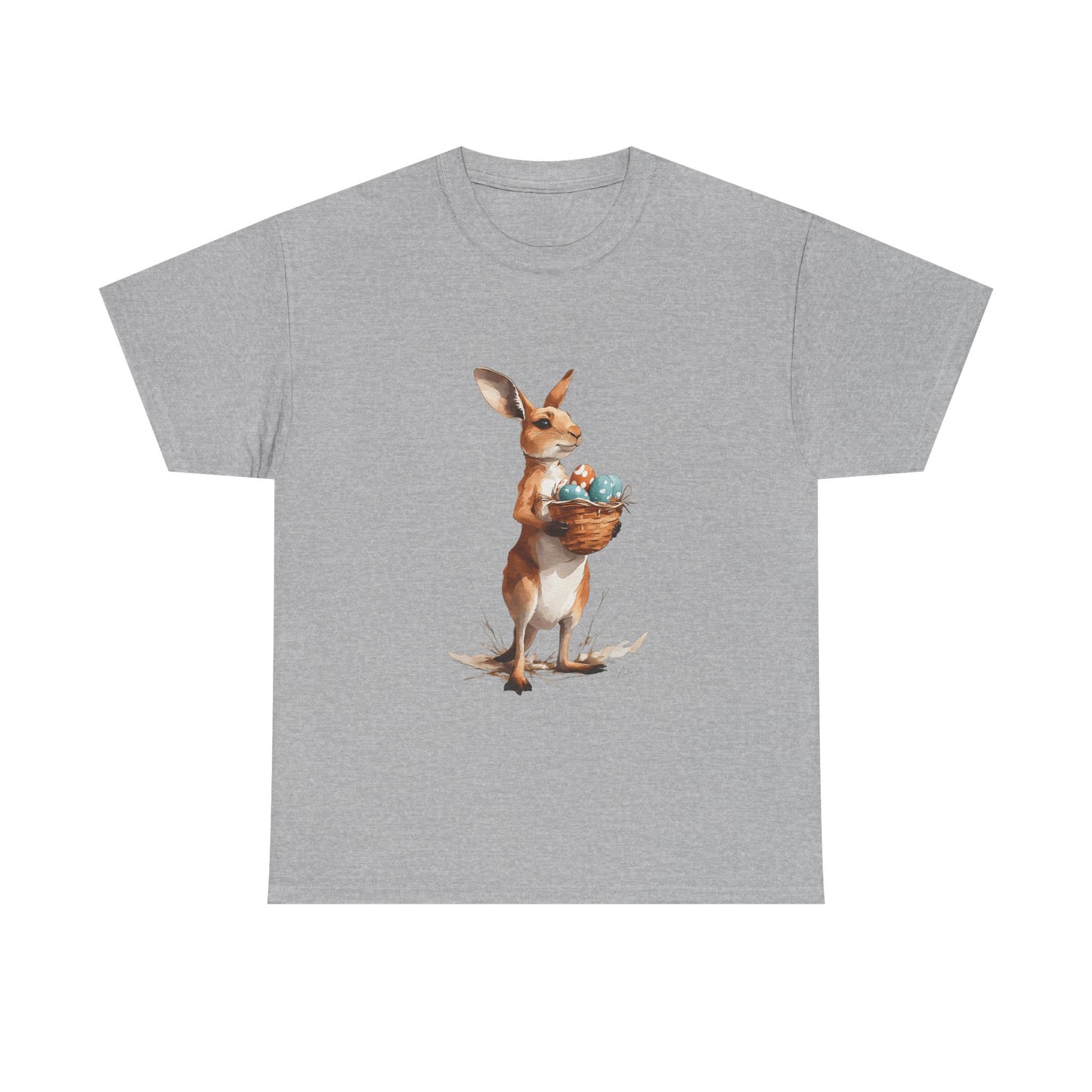 Easter Kangaroo with Basket of Eggs Unisex Heavy Cotton Tee - Cute Kangaroo with Eggs Design