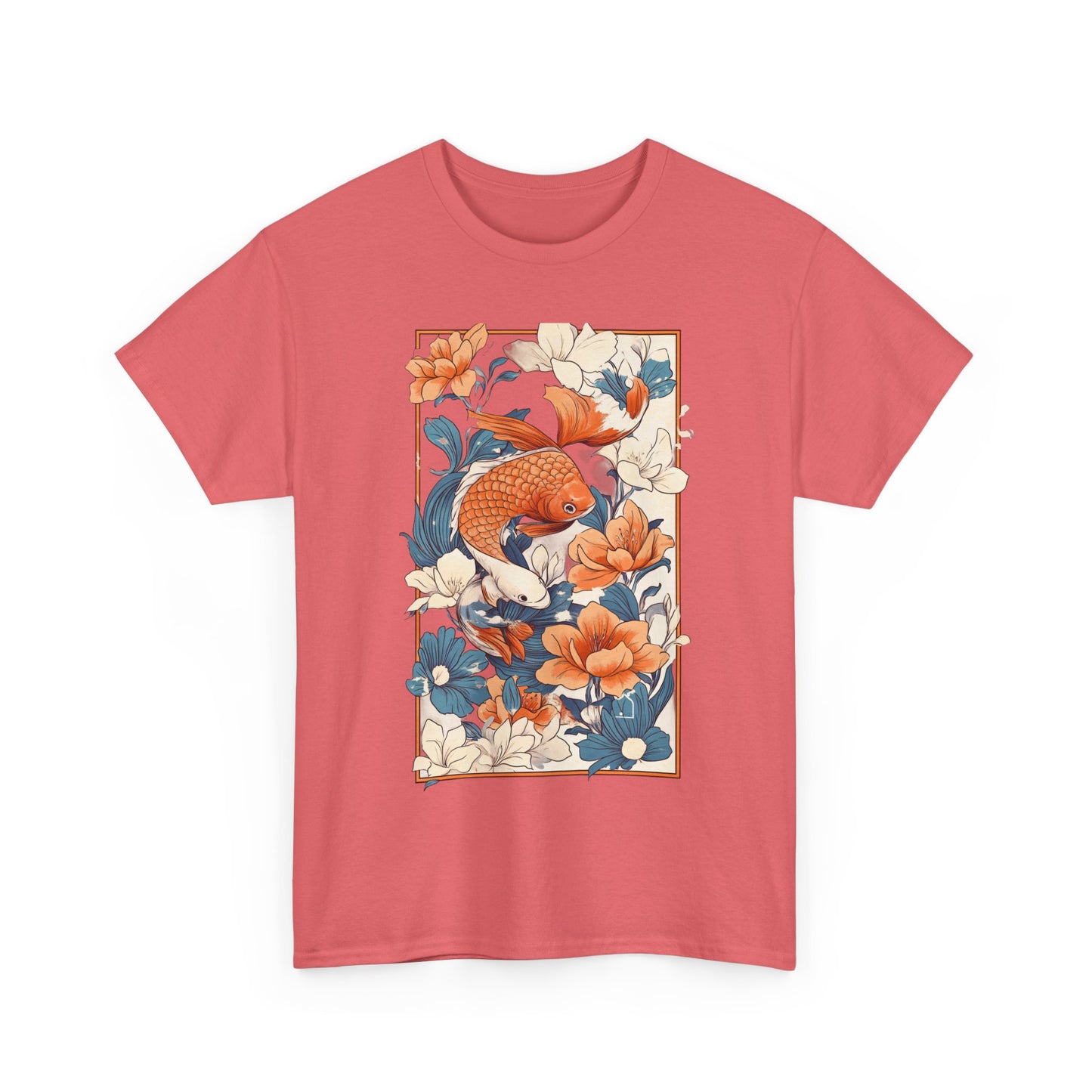 Koi Fish Floral Unisex Heavy Cotton Tee - Vibrant Nature-Inspired Graphic T-Shirt