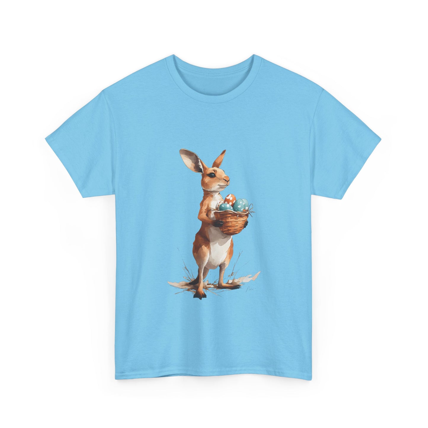 Easter Kangaroo with Basket of Eggs Unisex Heavy Cotton Tee - Cute Kangaroo with Eggs Design