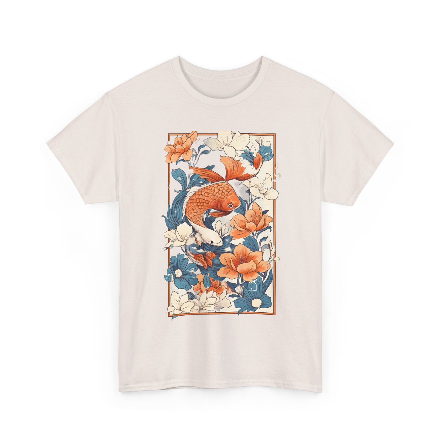 Koi Fish Floral Unisex Heavy Cotton Tee - Vibrant Nature-Inspired Graphic T-Shirt